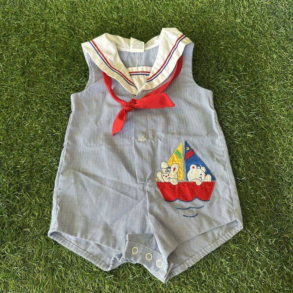 Vtg 80s Sailor Romper Outfit Infant Size 6-9 Months Blue White‎ Stripe Bear Boat